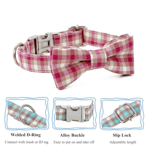 Plaid Dog Collar with Bowtie, Detachable and Adjustable Bow Tie Cat and Dog Collar with Metal Quick Release Buckle Pet Gift for Small Medium Large Dogs (Red, Small) - color: Red, size: Small