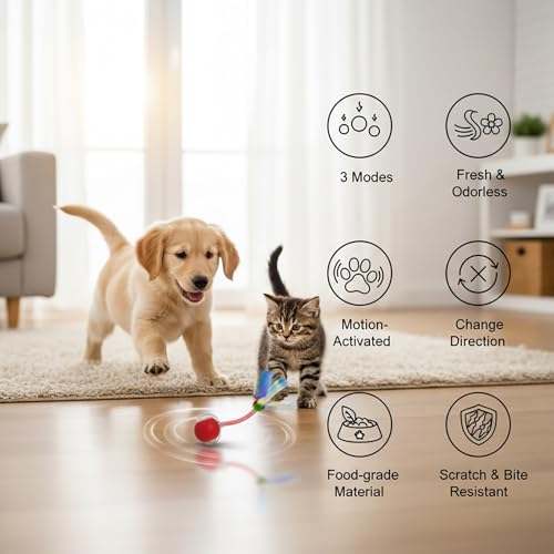 Interactive Cat Toys Ball for Cats - Upgrade Automatic Cat Toys for Indoor Cats, Chirping Cat Toy, 3 Modes 2 Speed Moving Cat Ball with Dragonfly Feathers 2PCS (Red Blue) - color: RedBlue-3