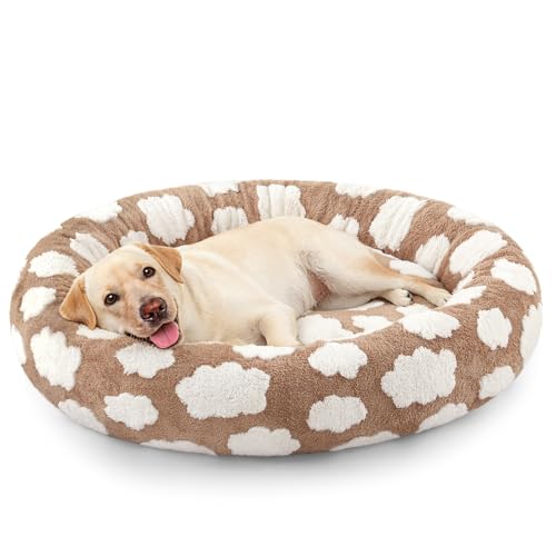 JOEJOY Donut Large Dog Bed, Cute Round Calming Dog Bed with Removable Washable Cover, Orthopedic Pet Beds with Jacquard Shaggy Plush & Non Skid Bottom, Black - color: Brown, size: L (36x36x10)