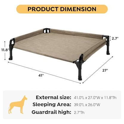 Veehoo Elevated Raised Dog Bed - Cooling Outdoor Dog Cot with Three-Sided Fence & Durable, Breathable Mesh - No-Slip Feet - 41" x 27" - Beige Coffee
