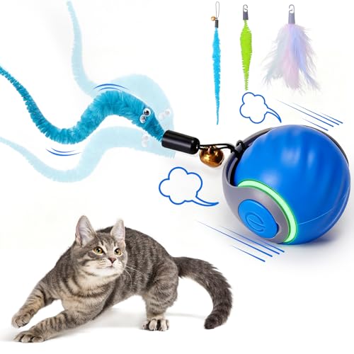 BABORUI Interactive Cat Toy Ball - Automatic Interactive Cat Toys for Indoor Cats with 3 Tails, 2 Speeds Rechargeable Cat Enrichment Toys for Small/Medium/Large Cats to Keep Them Busy(Blue) - color: Blue