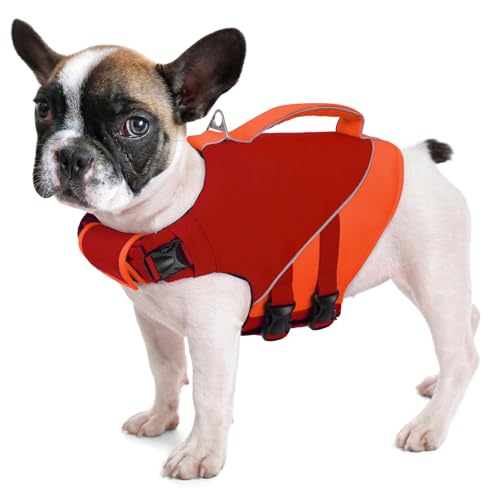 Queenmore Dog Life Jacket, Dog Life Vest for Swimming Boating, Puppy Swim Vest for Small Dogs, Ripstop High Visible Pet Water Vests with Strong Rescue Handle, Red XS - color: Red, size: X-Small