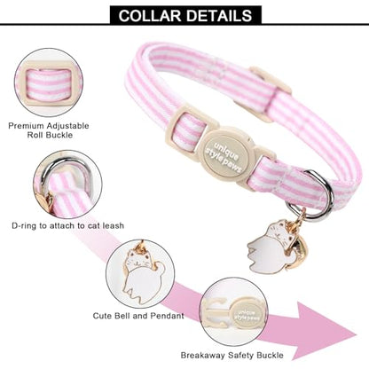 Unique style paws 2 Pack Spring Summer Kitten Collar Breakaway with Bell&Pendant, Adjustable Safety Blue Pink Stripe Cat Cotton Collar for Girl Boy Cat and Small Pet - color: Blue Pink Stripe