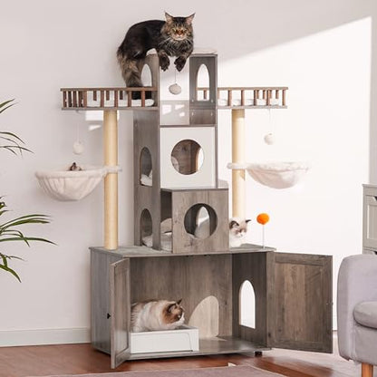 Heybly Cat Tree with Litter Box Enclosure for Indoor Big Cat, Cat Tower for Large Cats 20lbs Heavy Duty, Modern Cat Condo Furniture with Scratching Posts, Rustic Gray HCT110SG - color: Rustic Gray