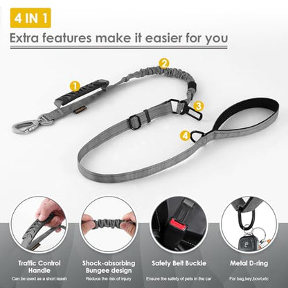 AUBELL Tactical Dog Leash Heavy Duty,4-6ft Reflective Strong No Pull Bungee Leash for Small Dogs with Comfortable Padded Double Handle,Car Seat Belt,360 Degree Rotating Carabiner,Grey - color: S-Grey(4-6FT)