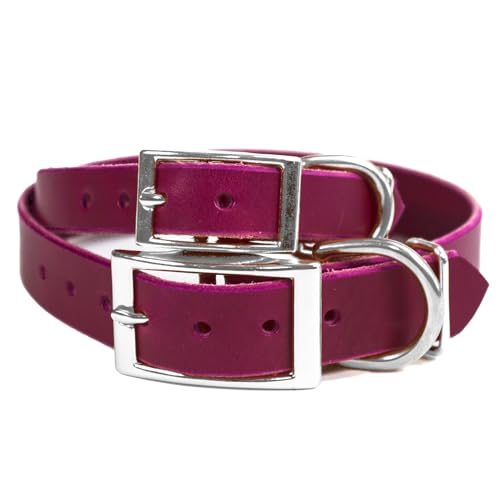 Handmade Personalized Bridle Leather Dog Collar, Engraved Stainless Steel Nameplate (Magenta) - color: Magenta