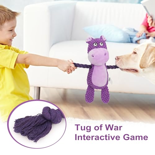 Dog Toys, Dog Squeaker Toys with Crinkle Paper, Stuffed Animal Dog Plush Chewing Toy, Cotton Rope Interactive Toys for Puppy, Small, Middle Dogs (Purple Hippo) - color: Purple