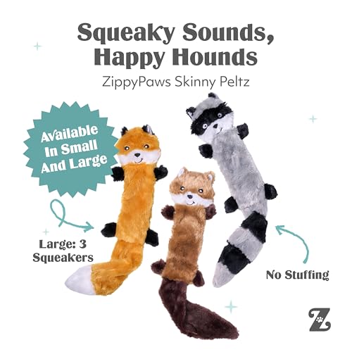 ZippyPaws Skinny Peltz - No Stuffing Dog Toy Pack to Keep Them Busy, for Medium and Large Dogs, Squeaky Pet Toys, Unstuffed Chew Toys, Soft Plush Variety Pack, Fox, Raccoon, and Squirrel - 18" - style: Variety Pack - Large (3-pack)
