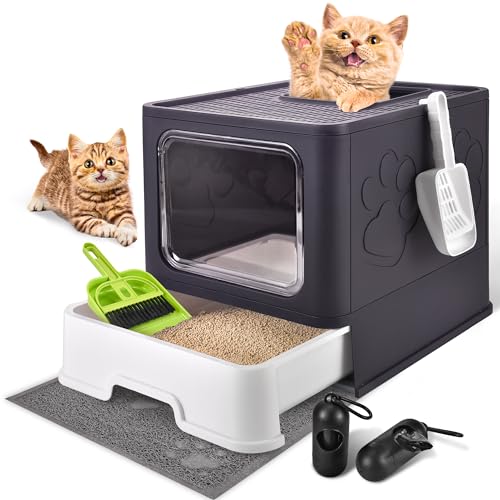 Cat Litter Box with Litter Mat, Foldable Extra Large Free in and Out/One-Way with Lid, Drawer Type Enclosed Kitty Litter Box,Odor Control Anti-Splashing Easy Cleaning (Purple) - color: Purple