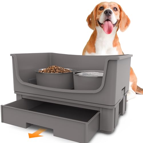 Elevated Dog Bowl Stand Set,Quiet Eating Mess Proof Raised Dog Bowls 2 Stainless Steel Pet Food Bowls,Splash Water Collection Non-Slip Medium Sized Feeding Table - color: Grey, size: Medium