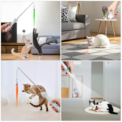 TBTeek Cat Toy, 2in1 Light and Retractable Pole with Feather, Rechargeable, Long Range 5 Modes, Interactive Toy for Indoor Cat Kitten Dog - size: 1pc red light with fish pole