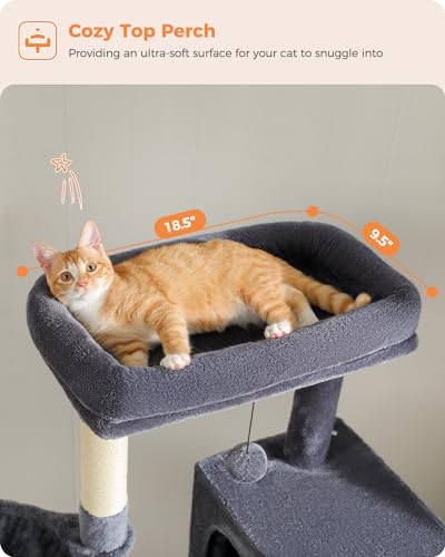 MUTTROS Cat Tree for Large Cats Adult with Super Large Top Perch, 56.3" Tower with Plush Hammock, Shelves and Dangling Pompom, Scratching Posts and 2 Condos House, Dark Gray - color: Dark Gray, size: 56.3inch