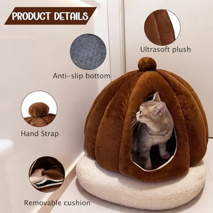 Cat Bed for Indoor Cats - Adorable Cozy Cat Cave with Removable Cushion, Super Soft Pet House Tent for Kittens & Small Pets, Warm & Washable Non-Slip Design(M 17.7 inch Brown) - style: Brown