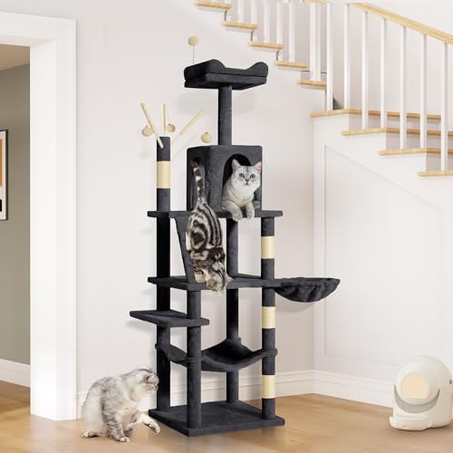 YITAHOME 64.5" Cat Tree, Multi-Level Cat House, Large Cat Condo Furniture with Perch Hammock, Scratching Posts and Dangling Balls for Kittens, Cats and Pets,Dark Gray - color: Dark Gray, size: 64.5inch