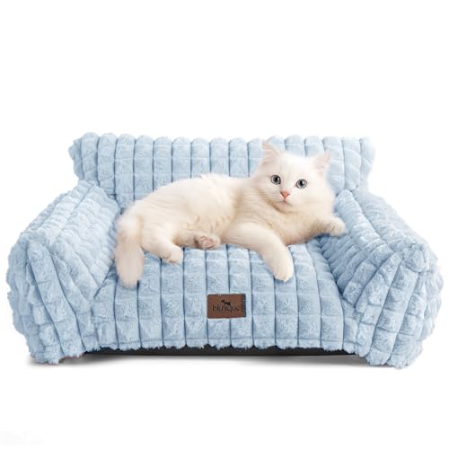 Cute Cat Couch Bed for Indoor Cats - Fluffy Faux Rabbit Fur Pet Sofa with Washable Cover, Fuzzy Pet Couch in Suppportive Small & Large Cats Beds, 24x18 x10 inch, Light Blue - color: Light Blue, size: Small: 24"L x 18"W x 10"Th