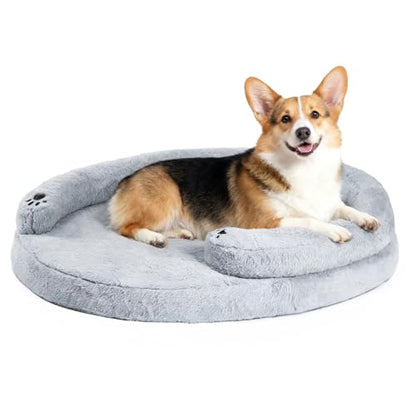 BurgeonNest Orthopedic Dog Bed for Large Dogs, Waterproof Soft Medium Pet Couch Bolster Bed with Pillow, Removable Washable Cover, Non-Slip Bottom, Egg-Crate Foam, Grey - size: 35.0"L x 25.0"W x 6.5"TH