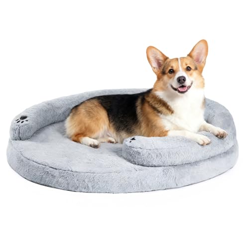 BurgeonNest Orthopedic Dog Bed for Large Dogs, Waterproof Soft Medium Pet Couch Bolster Bed with Pillow, Removable Washable Cover, Non-Slip Bottom, Egg-Crate Foam, Grey - size: 35.0"L x 25.0"W x 6.5"TH