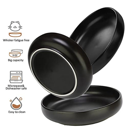 Ceramic Cat Bowls - Shallow Dishes for Food and Water, 6 Inch Matte Finish Wide Cat Food Bowl, Whisker Fatigue Free Pet Puppy Kitten Bowl Set of 3, Dishwasher Safe - color: Black-3pack
