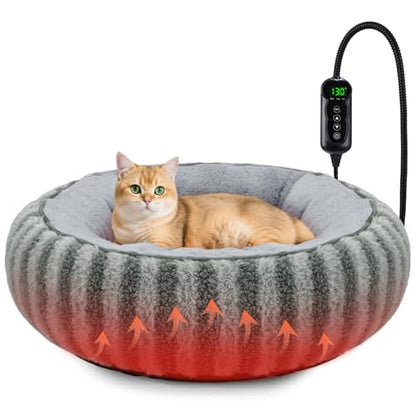 Toove Heated Cat Bed Indoor - Heating Donut Pet Bed for Cats and Small Dogs, Ultra Soft & Cozy Sleeping Cat Beds, Machine Washable, Safe Warming with Timer and Temperature Control, 20''x20''x6'' Small