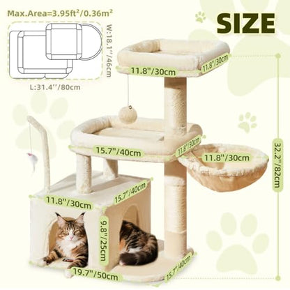 Taoqimiao MS043M Cat Tree, 32.2-Inch Cat Tower for Indoors Cats, Cat Condo with Large Cat Perch, Spacious Cat Cave, Scratching Posts for Small and Medium Cats, Beige - color: Beige