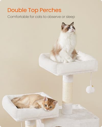 Feandrea Cat Tree, 45.3-Inch Cat Tower, Plush Condo with Scratching Post, Ramp, Perch, Spacious Cave, for Small Space, Cream White UPCT141W02 - color: Cream White