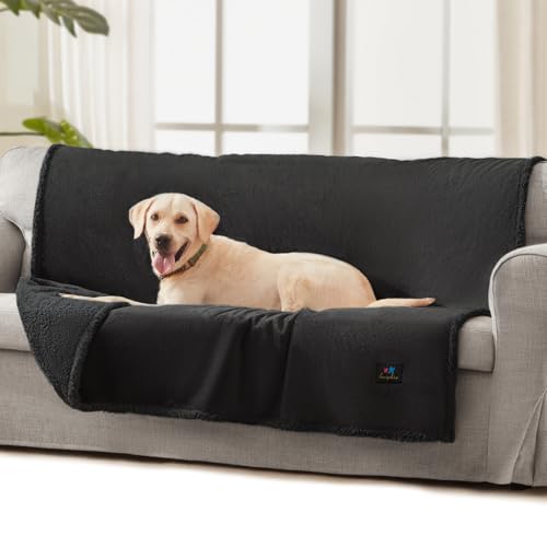 Luciphia Waterproof Bed Blanket Washable,Soft Sherpa Fleece Puppy Reversible Throw Blankets for Medium Large Dog Cat,Furniture Cover Protector Couch Bed from Liquid Pee and Pet Fur, Black,65" x 57" - color: Black, size: L (65" x57")