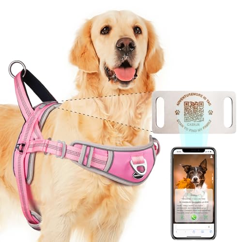 Dog Harness Medium Dog No Pull with QR Code Dog Tag, Adjustable Reflective Dog Vest Escape Proof Dog Harness Smart ID Tag with Easy Control Front Clip Handle for Walking M Pink - color: Pink - QR Code, size: Medium