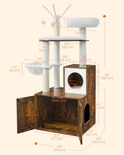 Feandrea Cat Tree with Litter Box Enclosure, 59-Inch Modern Cat Tower, 2-in-1 Condo with Scratching Posts, Washable Removable Cushion, Rustic Brown UPCT113X01 - color: Rustic Brown