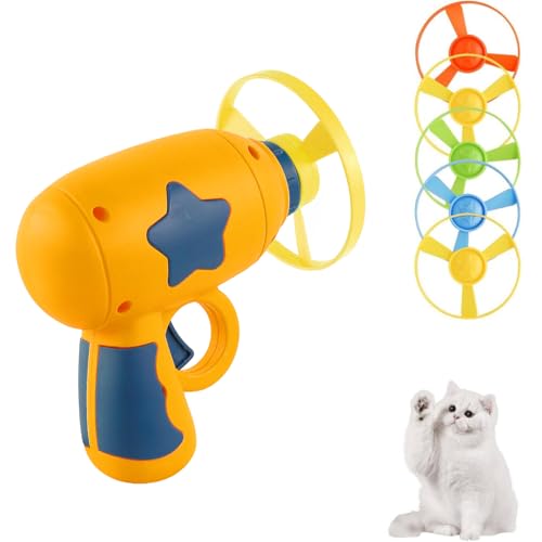 Andiker Cat Fetch Toy, Interactive Kitten Flying Disc Launcher Toy with 5 Colorful Flying Propellers for Cat Enrichment, Flying Saucer Toy for Cats for Training and Chasing (Yellow) - color: Yellow