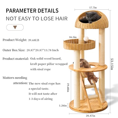 Big Modern Design Cat Tree Tower, Cat Tower Sisal-Covered Scratching Posts for Indoor Cats, Natural Oak Wood Cat Tree for Large Cats, Multi-Level Cat Condo with Sisal Staircase - color: DC999