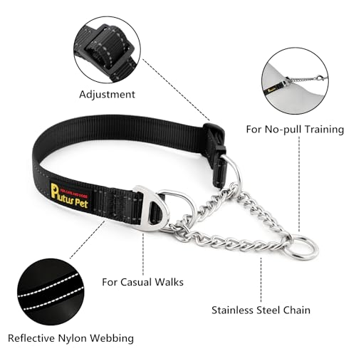 Plutus Pet Martingale Dog Collar with Stainless Steel Chain and Reflective Nylon, Adjustable No Pull Training Collar, for Small Medium, and Large Dogs, Black, M - color: Black, size: Medium