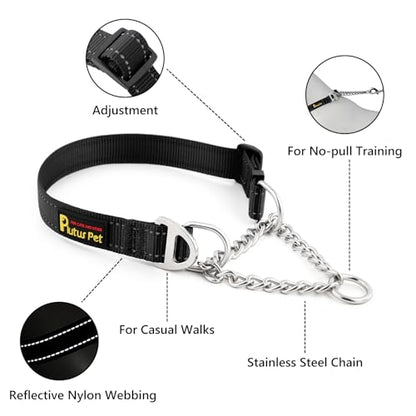 Plutus Pet Martingale Dog Collar with Stainless Steel Chain and Reflective Nylon, Adjustable No Pull Training Collar, for Small Medium, and Large Dogs, Black, M - color: Black, size: Medium