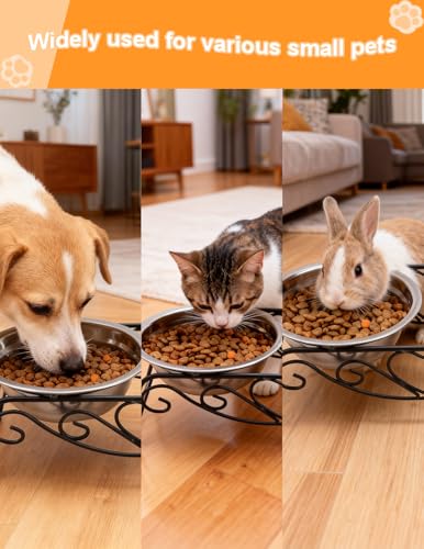 Small Dog Bowls with Metal Stand for Small Breeds Cats and Puppies 3.4 Inch Fixed Height Elevated Feeder with 2 Removable Stainless Steel Bowls