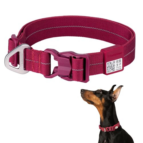 All-Weather Dog Collar Reflective Adjustable Soft Nylon QR Code Anti-Lost Collar Breathable with Quick-Release Buckle Patent Alloy Ring for Small Medium Large Dog (Light-Burgundy, M) - color: Light-Burgundy, size: M