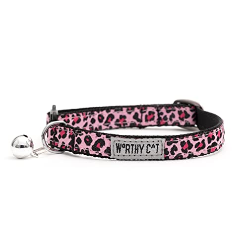 THE WORTHY DOG Patterned Leopard Cat Collar with Bell, Adjustable Nylon Safety Collar, Lite Pink, One Size - color: Pink-Leopard