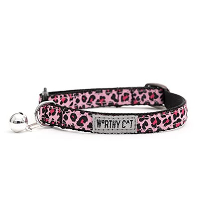 THE WORTHY DOG Patterned Leopard Cat Collar with Bell, Adjustable Nylon Safety Collar, Lite Pink, One Size - color: Pink-Leopard