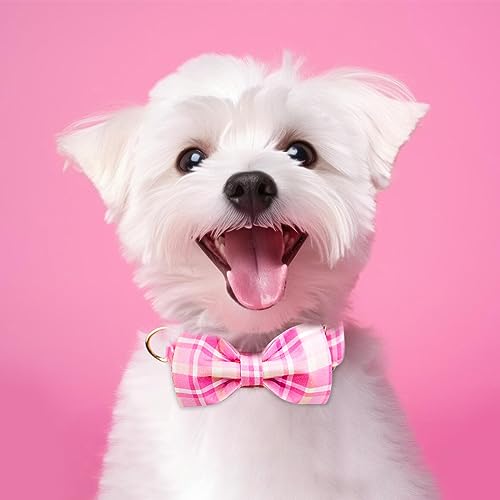 Tunkoo Dog Collar Super Cute Pink Plaid with Bow Tie - Durable Adjustable and Stylish Cotton Pet Collar for Girls Small Medium Large, S - color: Pink Collar, size: Small