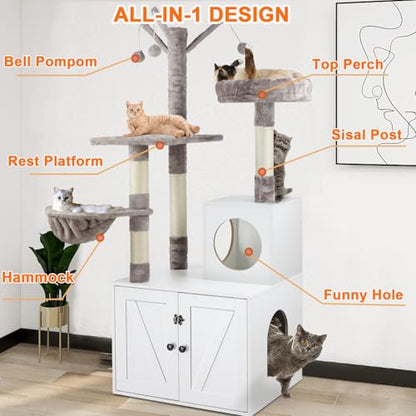 Timberer Litter Box Enclosure with Cat Tree, 2-in-1 Hidden Litter Box Furniture with Scratching Post, Modern Cat Condo, White - color: White