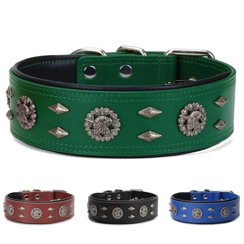 Premium Leather Dog Collar for Medium Dogs - 1.6-Inch Wide Adjustable Soft Handmade Eagle Hardware Ornamental Collar for Large Breeds, Durable & Comfortable - Green - color: Green, size: Width 1.6",Neck Size 16.5"-20.5"