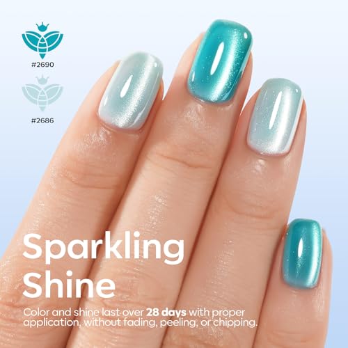 modelones Cat Eye Gel Nail Polish Set, 6 Colors Light Baby Blue Green 9D Cat Eye Glitter Gel Polish with Magnetic Stick Soak Off LED Manicure DIY Salon Gift Starter Kit - color: A A A2 Blue Green Cat Eye