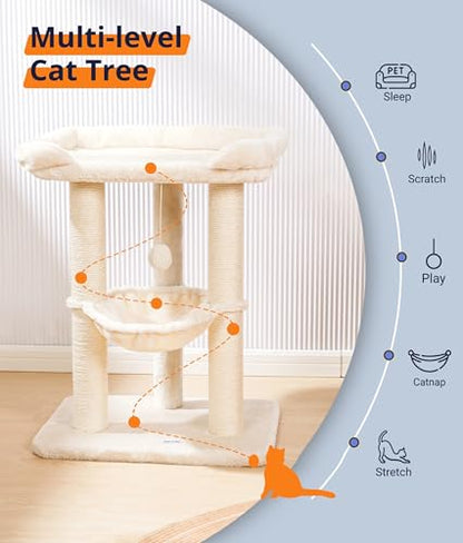 Happi N Pets 28" Cat Tree, Large Bed for Big Cats, Small Cat Tower with Soft Perch for Window Viewing, Stable Cat Tree Tower, Cat Scratching Post with Hammock, Removable Cover-Beige - color: Beige