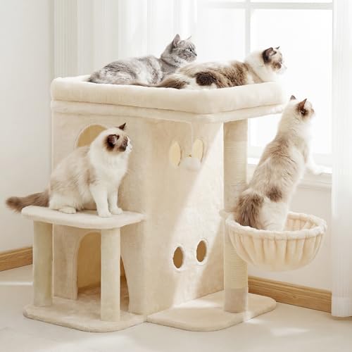 Heybly Cat Tree, 25.6-inch Cat Tower with Spacious Top Perch for Large Cats, Stair-Style Cat House Furniture with Dual-Layer Condos, Sisal Scratching Posts, Cozy Basket & Pompom, Beige HCT204SM - color: Beige, size: 25.6 inch
