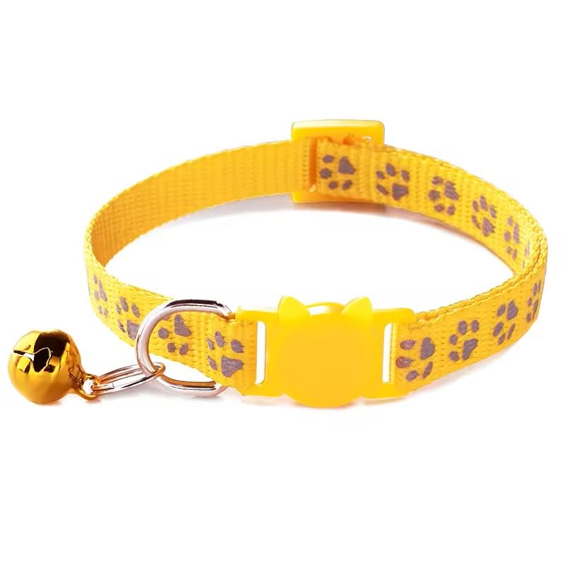 Cat Collar Breakaway Safety with Bell, Cute Reflective Paw Print Pattern (Yellow) - color: Yellow