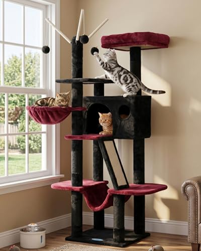 Hey-brother Gothic Cat Tree, 53 inch Cat Tower for Indoor Cats, Cat House with Padded Platform Bed, Toy Balls, Large Cozy Condo, Hammocks and Sisal Scratching Posts, Black and Red MPJ019SBR - color: Black and Red