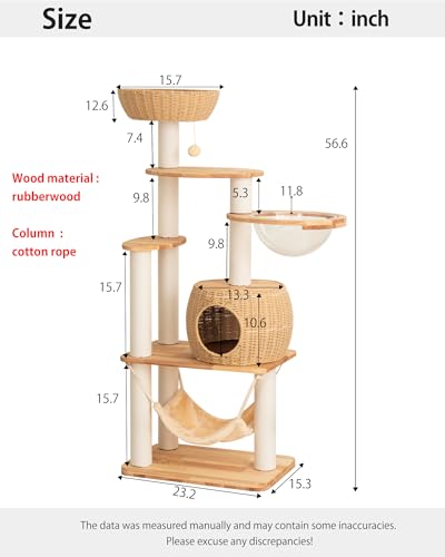Wood Cat Tree for Large Cat, 57-Inch Tall Cat Tower with Scratching Post for Indoor Cats, Multi-Level Cat Condo with Hand-Woven Cat Bed and Hammock Acrylic Bowl Easy to Clean (DC888) - color: Nature DC888