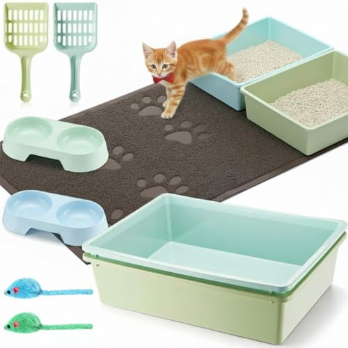9 Pcs Kitten Litter Box Starter Kit, 2 Plastic Small Cat Litter Box with 2 Scooper, 2 Double Dish Feeding Bowl 2 Mouse Toy and Large Mat for Kitten Indoor