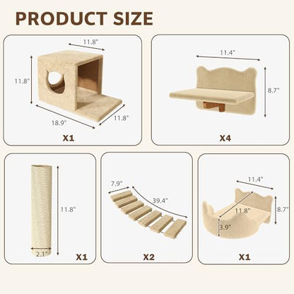 9-in-1 Cat Wall Shelves, Stable & Safe Wall Mounted Cats Shelf Furniture Set with Plush Fabric, Wooden Cat Climbing Wall Systems with Scratching Post, Bridge Ladder, Floor Space-Saving, Beige - color: Beige, size: 9-in-1