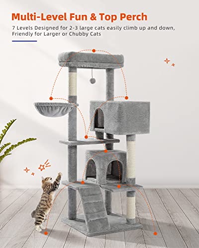 MUTTROS Cat Tree for Large Cats with Super Large Top Perch, 56.3" Cat Tower with Plush Hammock, Dangling Pompom, Cat Scratching Posts and 2 Condos House, Light Grey - color: Grey, size: 56.3inch