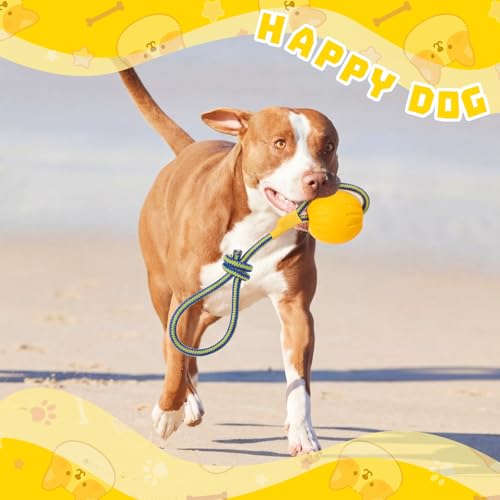 Hsei 2 Pcs Large Dog Ball on a Rope Rubber Dog Toy with Handle Ball Yellow Floats in Water for Tug Training Rewards Interactive Pet Fetch Catch Throw Outdoor Puppy Teething Medium Pet - size: Large