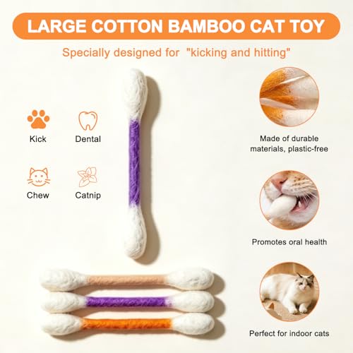 6Pack Cotton Swabs Cat Toys with Catnip,Cat Cotton Swab Toy,Giant Kitten Chew Sticks,Qtip Cat Toy,Durable Dental Teething Ropes, Big Interactive Felt Kitty Kicker Play Lover Gift Accessories (Purple) - color: Purple